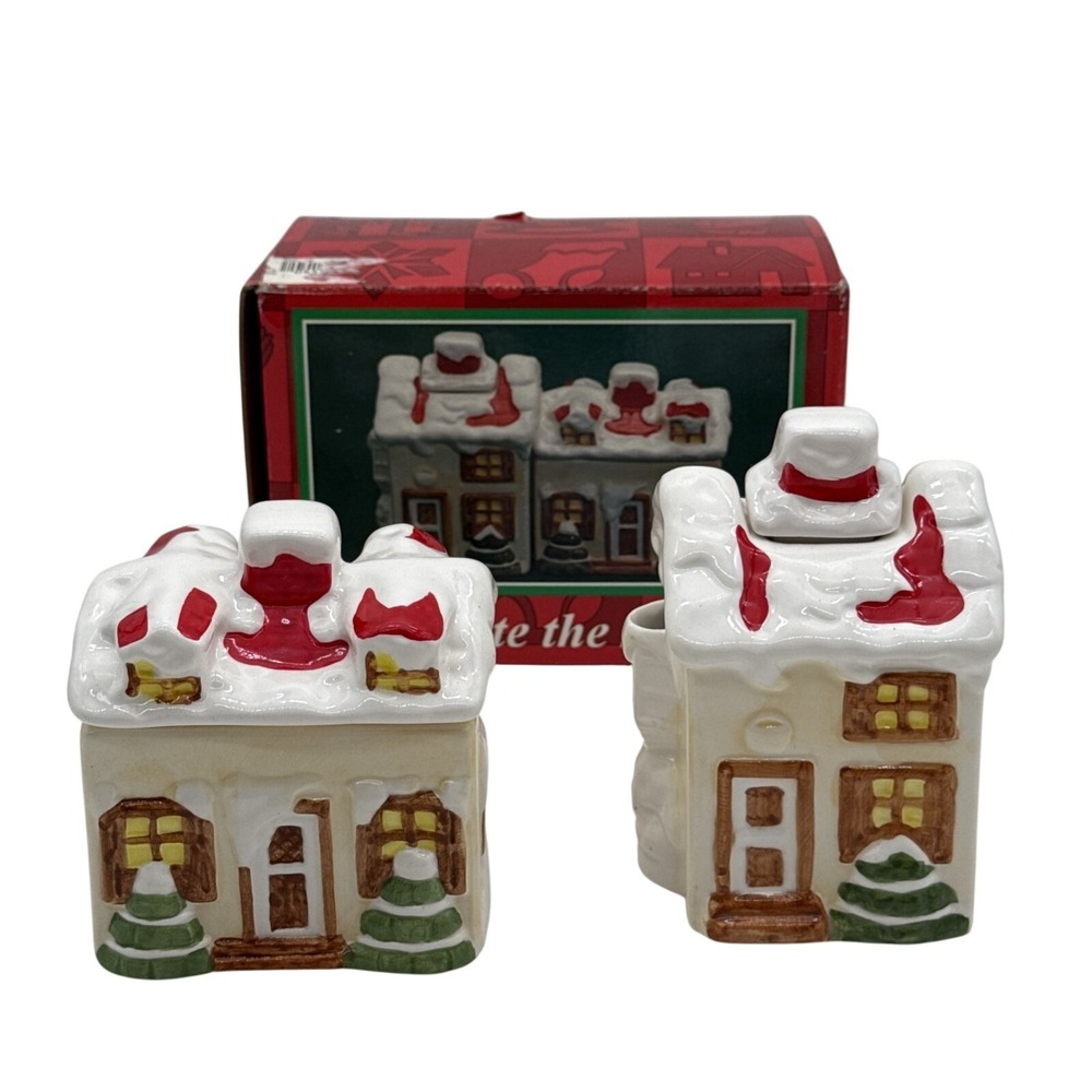 Vintage Christmas Sugar and Creamer Set Ceramic Holiday Village House Decorated